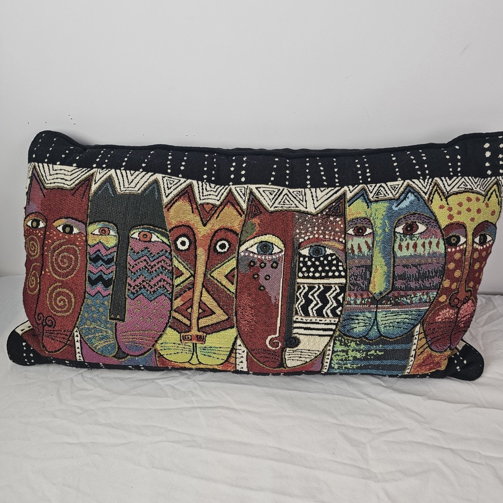 Laurel Burch Cat Accent Pillow " Six Cats" Multicolor Tapestry Bohemian Folk Art
